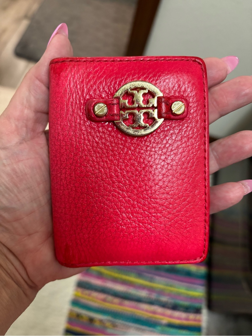 Tory Burch Bright Red Pebbled Leather Card Holder with Gold Logo